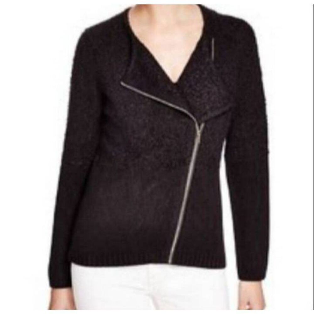 CALVIN KLEIN BLACK ASYMMETRICAL TEXTURED KNIT WOOL MOTO JACKET SZ.M EUC.